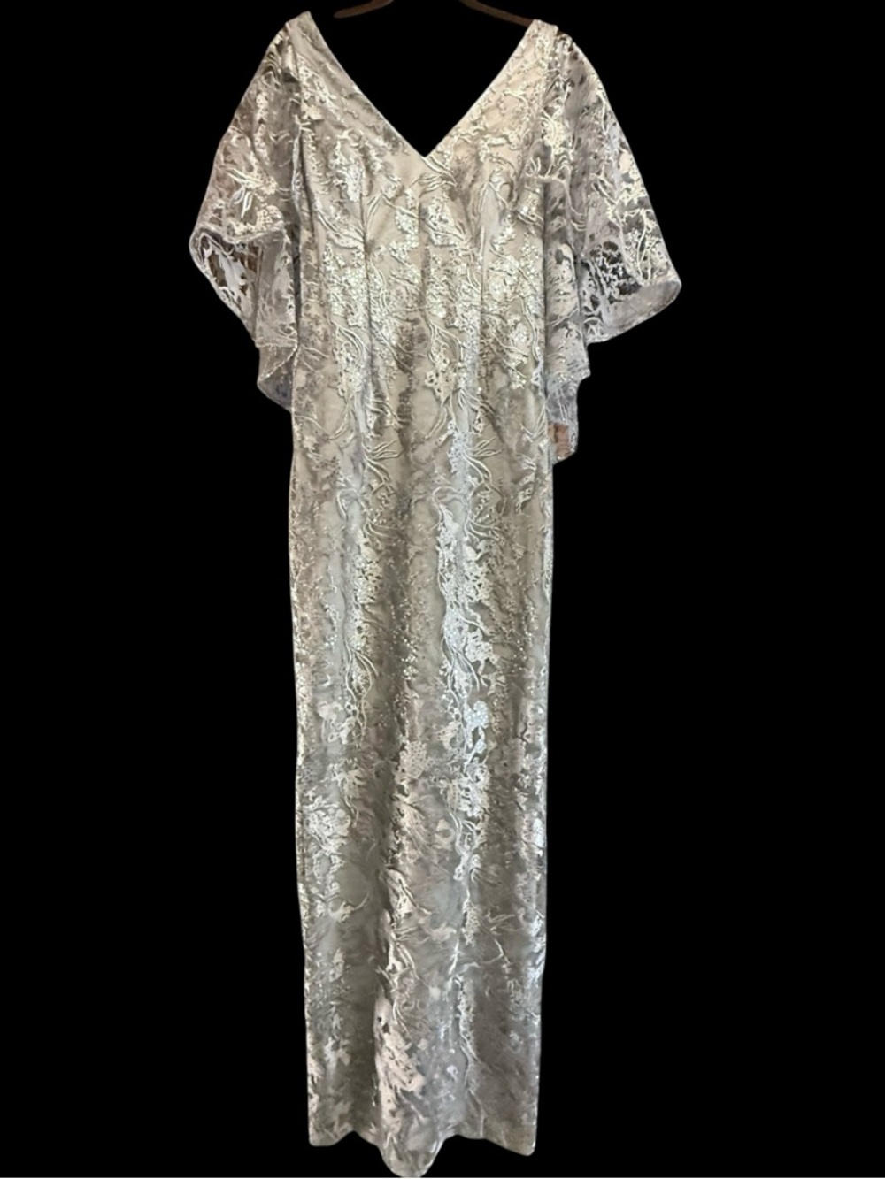 MGNY Cape Sleeve Beaded Lace Formal Dress Silver Gray Mother Of The Bride NWT